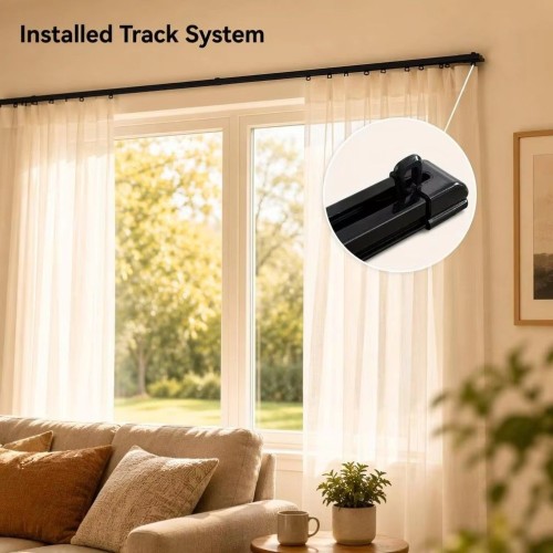 Black Finish No Cut Telescopic Aluminum Curtain Track Rail, Adjustable Extendable Silent Smooth 0.65-5.1M Wall Ceiling