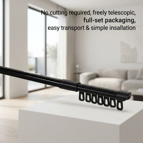 Black Finish No Cut Telescopic Aluminum Curtain Track Rail, Adjustable Extendable Silent Smooth 0.65-5.1M Wall Ceiling